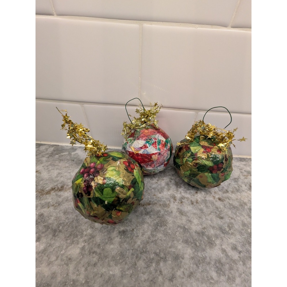 (3) Handmade Decoupage Round Ball‎ Ornaments Christmas